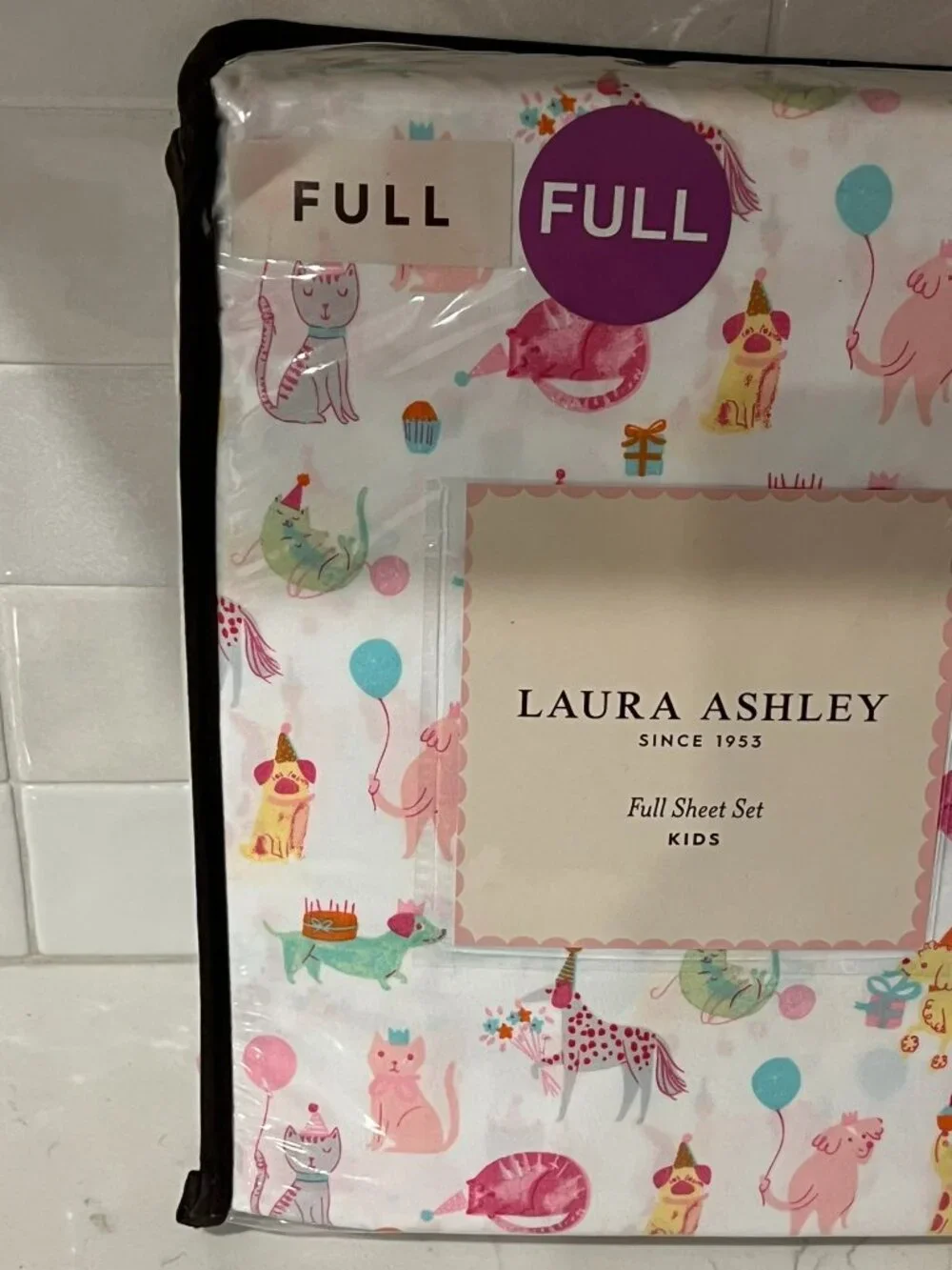 LAURA ASHLEY KIDS FULL White PARTY ANIMALS Sheet Set 4pc Dog Cat Pug Dachshund